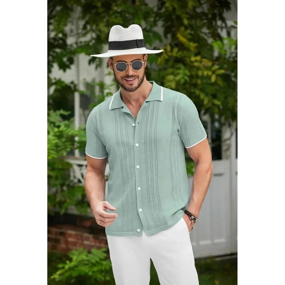 ❤️Men's Green Button Down Shirt  Vintage Short Sleeve Shirts Casual Beach Tops - Picture 3 of 6
